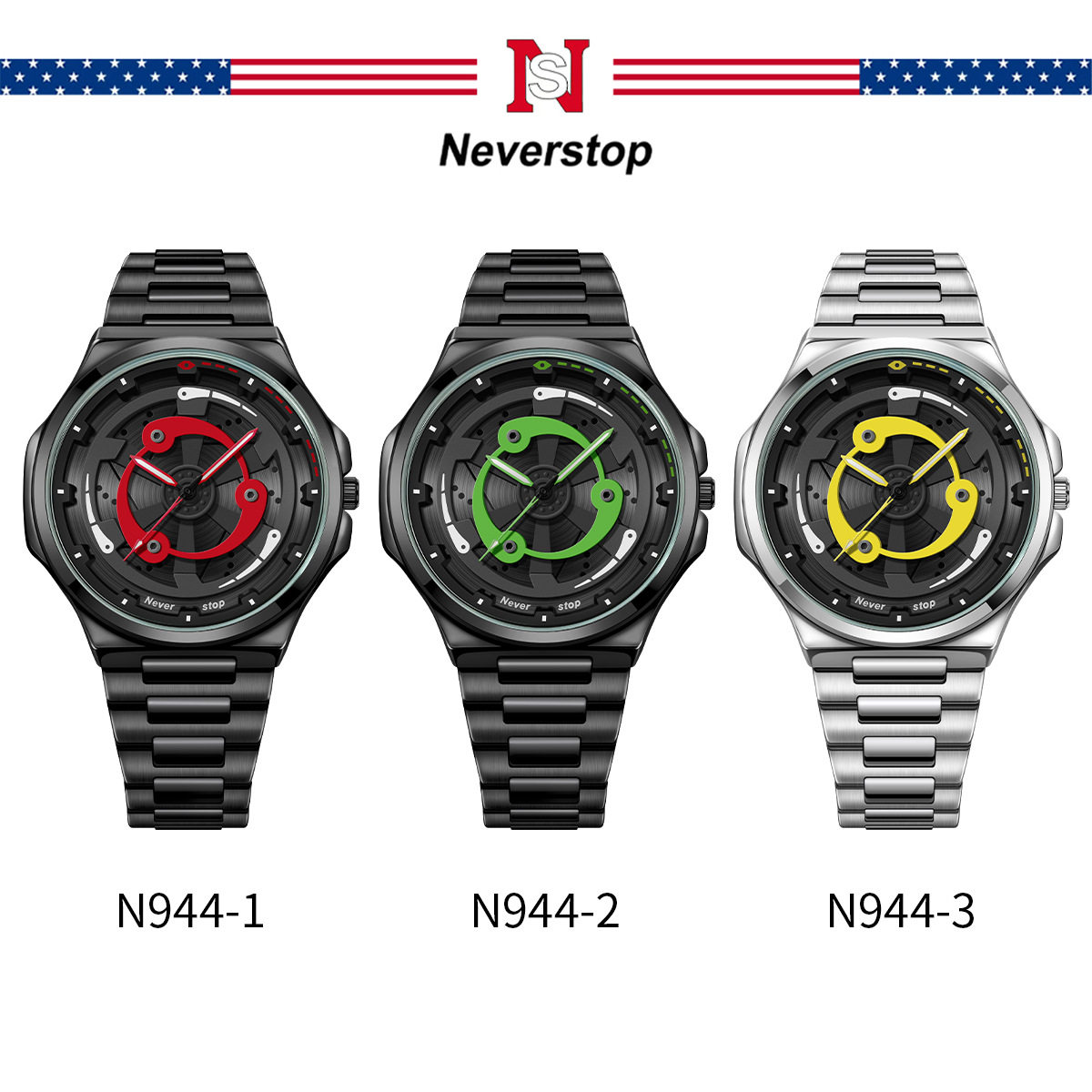 Ns Brand Cross-Border Popular Men's Steel Band Watch, Sporty Style with Rotatable Dial, Trendy Quartz Watch, Factory Ready Stock