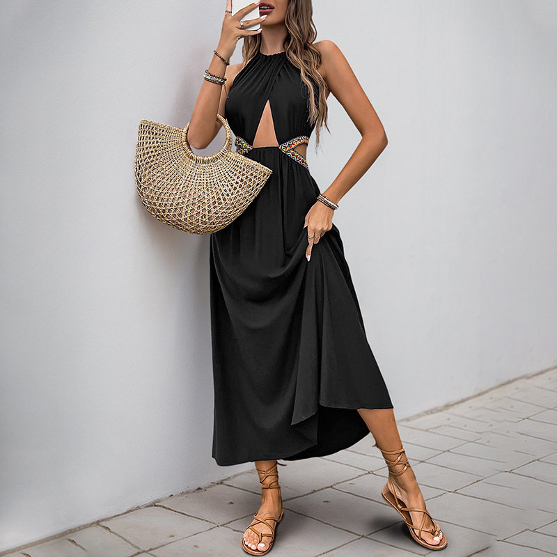 Bohemian Style Hollow Out Maxi Dress Ethnic Pattern Woven Strap Details Elegant Summer Wear Wholesale Available