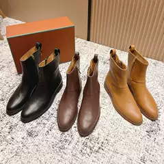 European and American Retro L*P Short Chelsea Boots Round Toe Cowhide Stitching Fashion Versatile Casual Boots Single Boots for Women