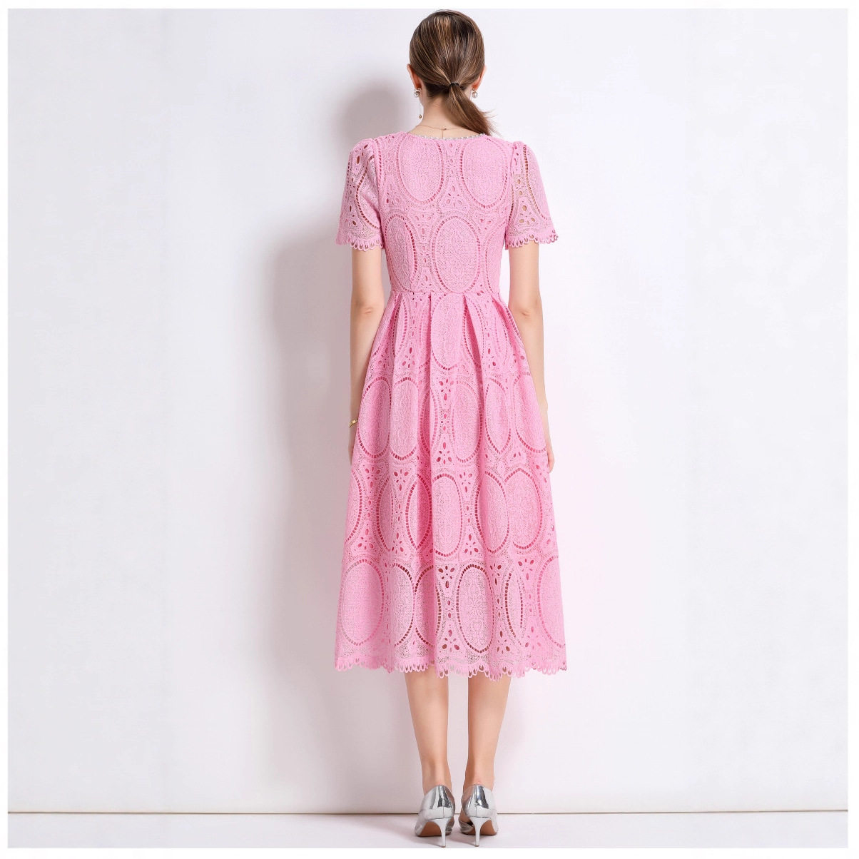 French Elegant Beaded Round Neck Short Sleeve Lace Dress Hollow Out Waist Tie Chic Design Perfect for Parties and