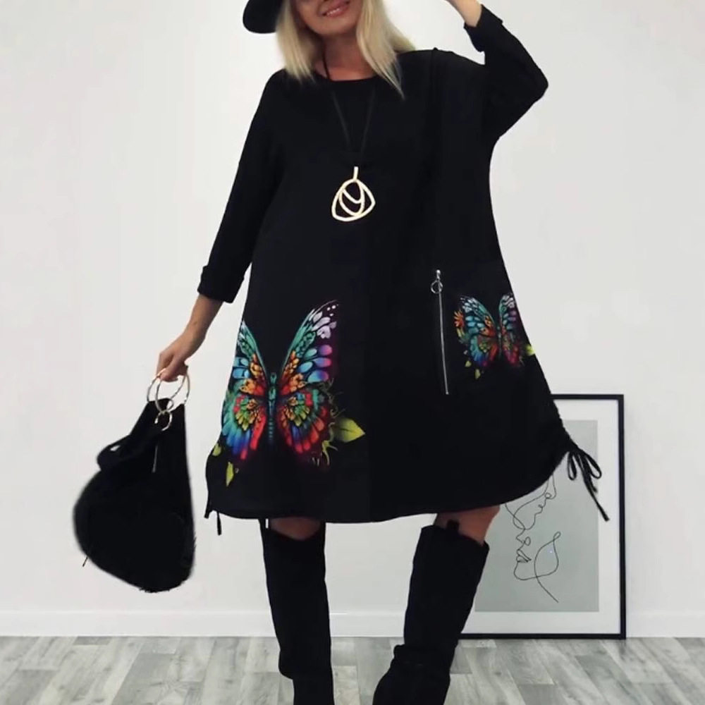 Long Sleeve Butterfly Print Pocket Dress Round Neck Casual Style Autumn Winter Collection Wholesale Available