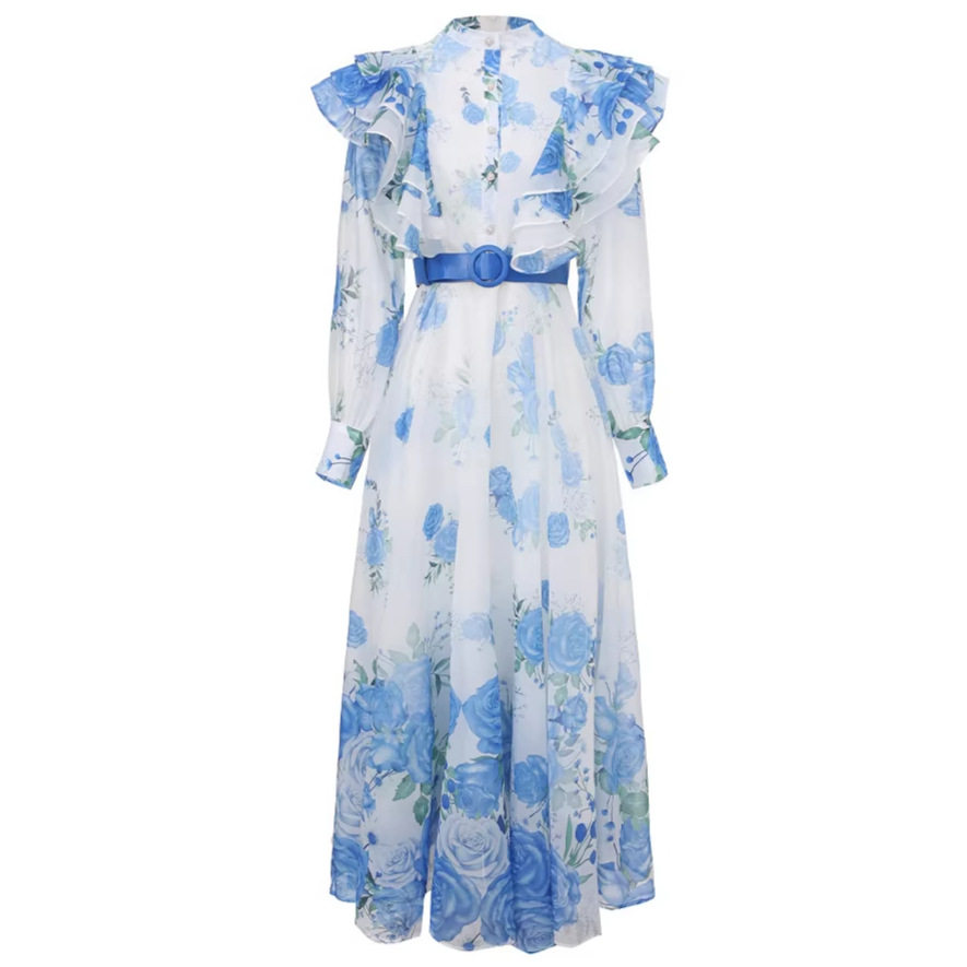 Elegant Summer Maxi Dress Korean Style Rose Print Hollow Out High Waist Lantern Sleeves Perfect for Work or