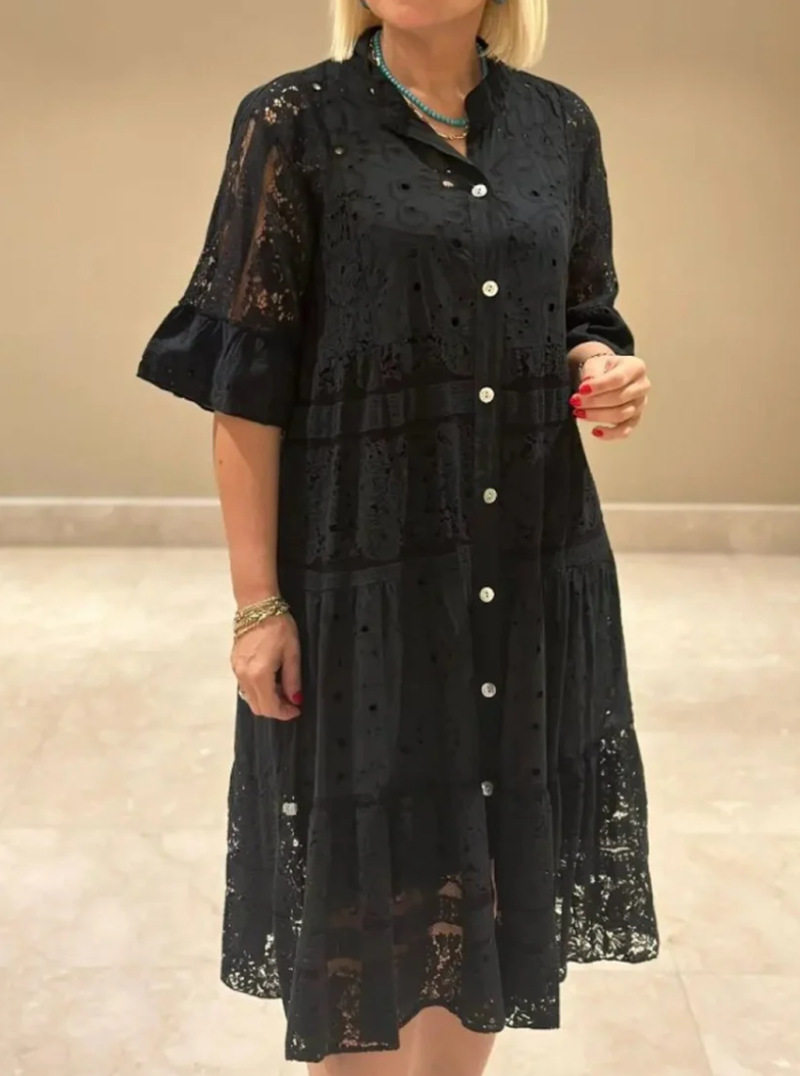 Summer Womens Dress Solid Color V Neck Button Detail Lace Insert Casual or Party Wear Wholesale Available