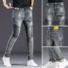 Jeans for Men 2025 New Style Splicing Trendyy Versatile Casual Slim Fit Small Feet Embroidered Motorcycle Style Long Pants