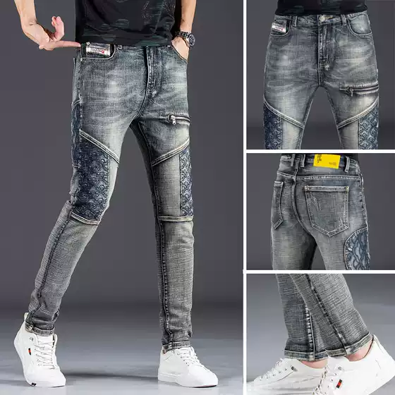 Jeans for Men 2025 New Style Splicing Trendyy Versatile Casual Slim Fit Small Feet Embroidered Motorcycle Style Long Pants