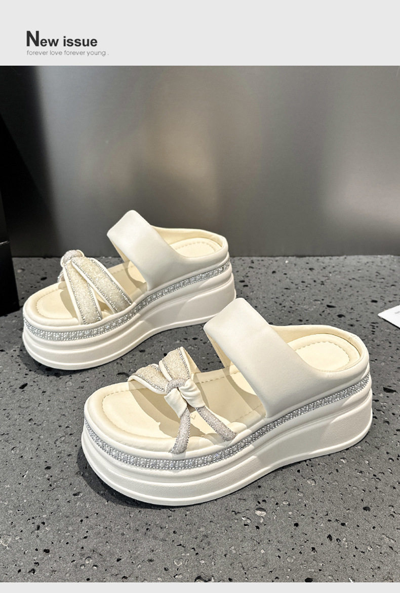 Dép sandal nữ đế dày platform phong cách La Mã, mũi tròn, quai chữ V đơn giản — Đen, Len nguyên chất chi tiết 12
