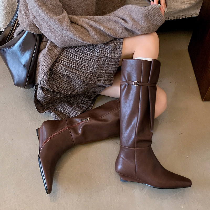 Boot nữ cổ cao mũi vuông gót xuồng da bò khóa kéo bên hông — Lớp lót đơn màu đen, Lớp lót đơn màu nâu, Lót nhung đen, cần đặt làm riêng., Lót nhung màu nâu, cần đặt làm riêng.