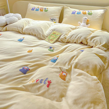 Double-Sided Milk Velvet Towel Embroidery Autumn and Winter Bedding Four-Piece Set Thickened Coral Velvet Student 0.9 Bed Sheet Three-Piece Set