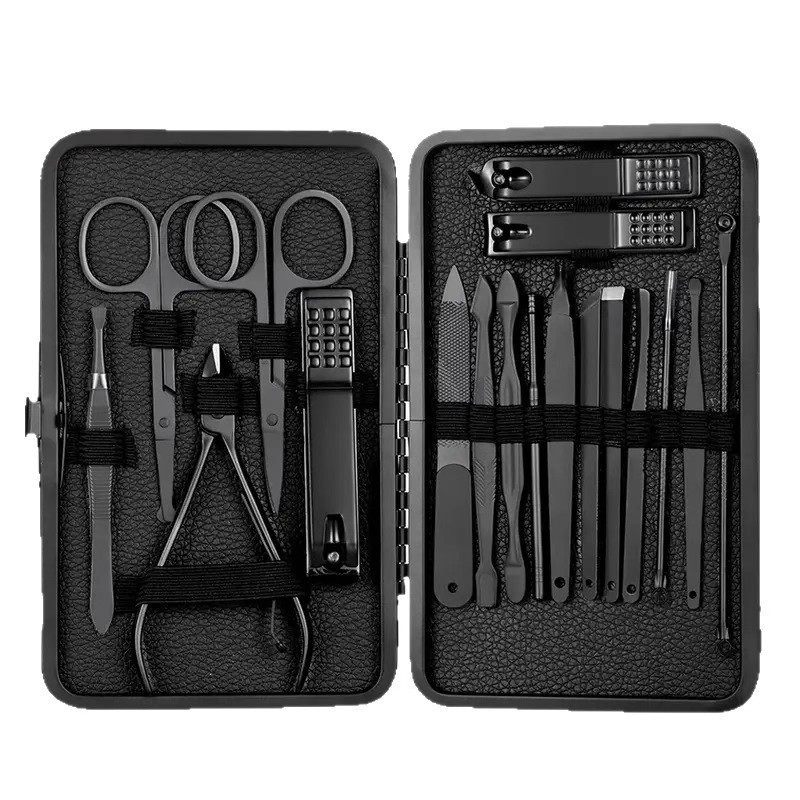 Cross-Border Nail Clipper Set, Black 18-Piece Set, Ready for Shipping, Stainless Steel Complete Manicure and Pedicure Tool Set, Nail Clippers