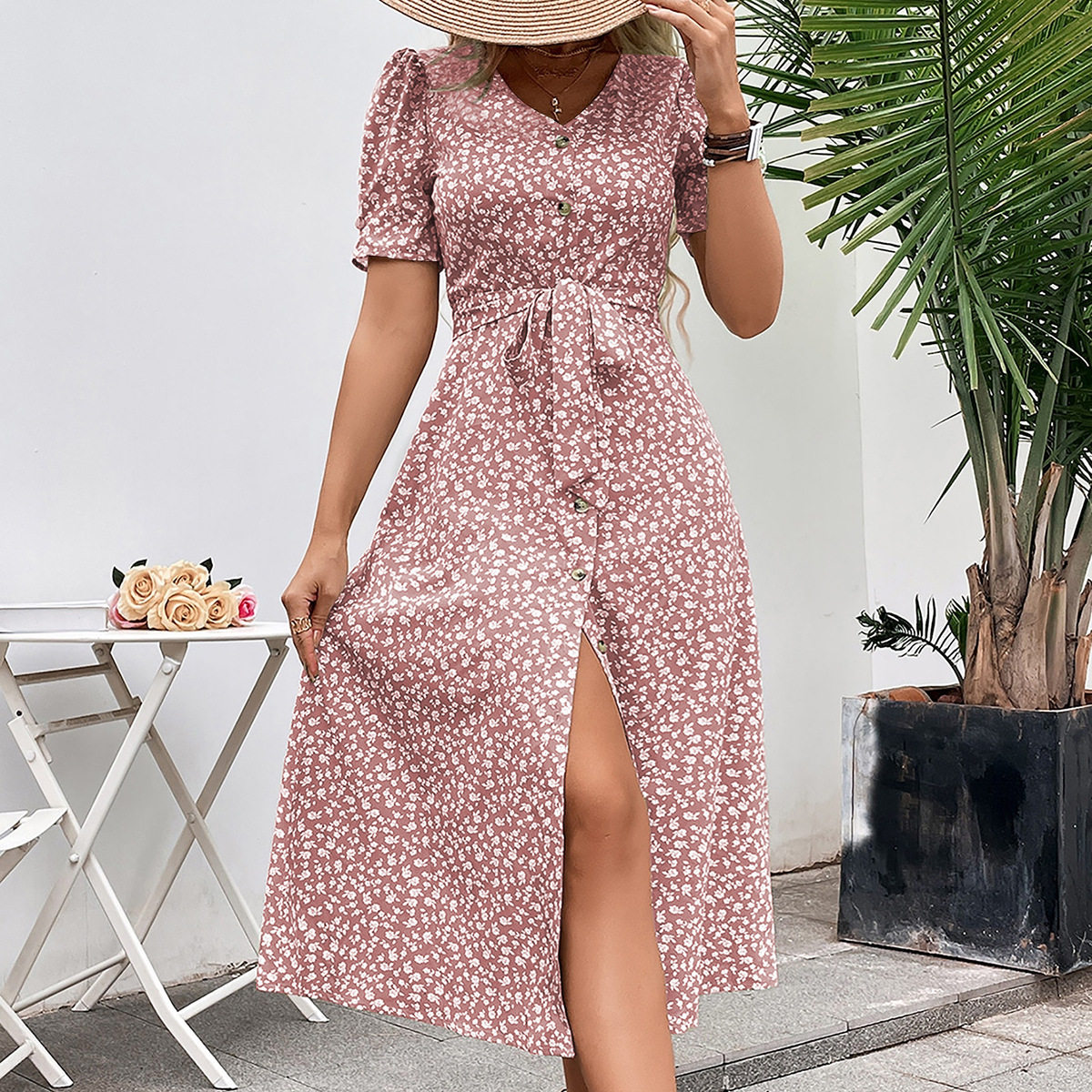 Floral Knot Dress Elegant Casual Style Suitable for Commuting and Vacations Available for Wholesale