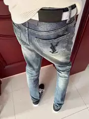 Embroidered Letter Jeans for Men, Slim Fit, Versatile, Casual, Student Style, Internet Celebrity Picks, Popular Social Media Style, Small Straight-Leg Pants