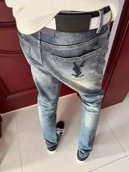 Embroidered Letter Jeans for Men, Slim Fit, Versatile, Casual, Student Style, Internet Celebrity Picks, Popular Social Media Style, Small Straight-Leg Pants