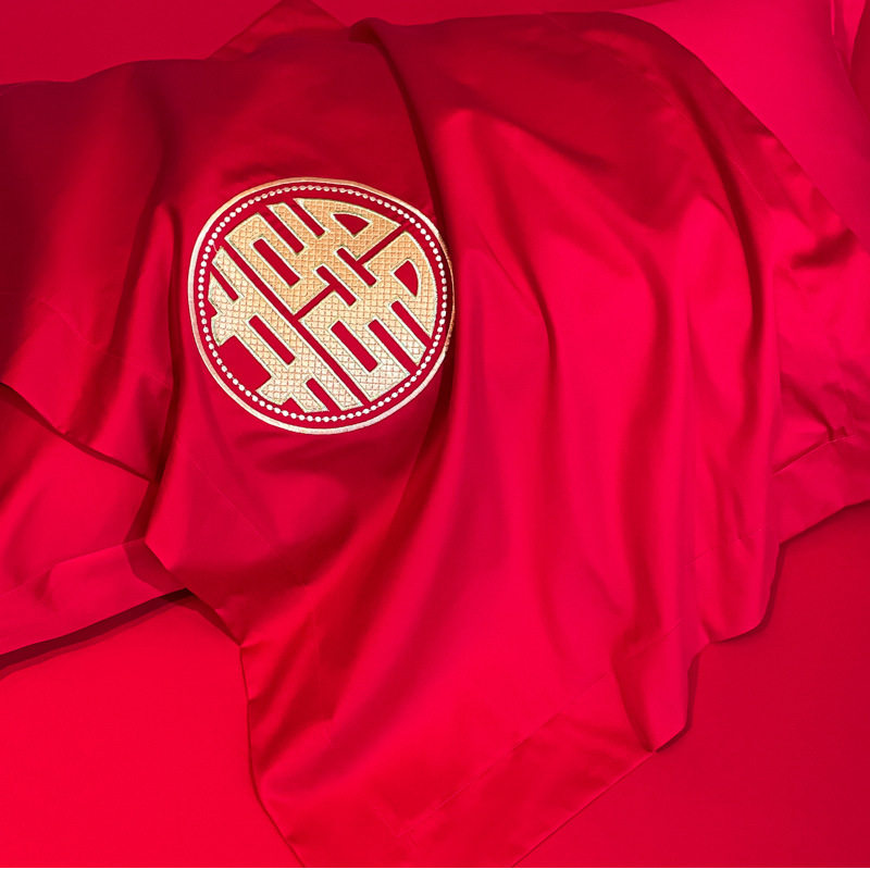 High-End Wedding Pure Cotton Four-Piece Wedding Set, Bright Red Cotton Quilt Cover, Bed Sheetss, Newlywed Wedding Supplies, Bedding