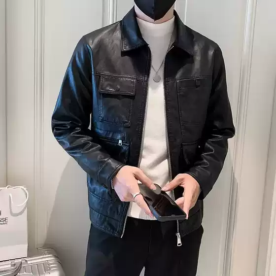 Duffy Handsome Korean Slim-fit Motorcycle Leather Jacket Men's Spring and Autumn Fashion Handsome Casual Lapel PU Leather Jacket Cross-border