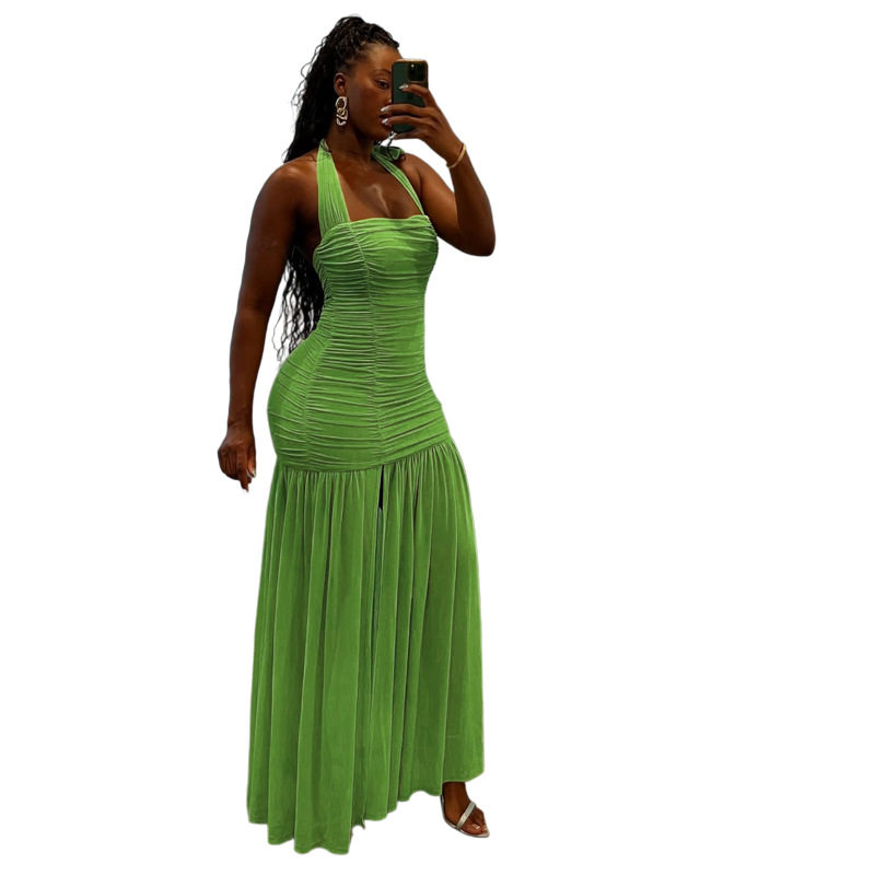 Womens Fashion Backless Ruched Layered Dress Stylish Halter Neck Slim Fit Elegant Design Perfect for Autumn Events