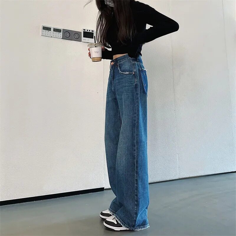 Womens Color Block Denim Pants Loose Fit Slimming Straight Leg Casual Spring and Autumn Style Wholesale Available