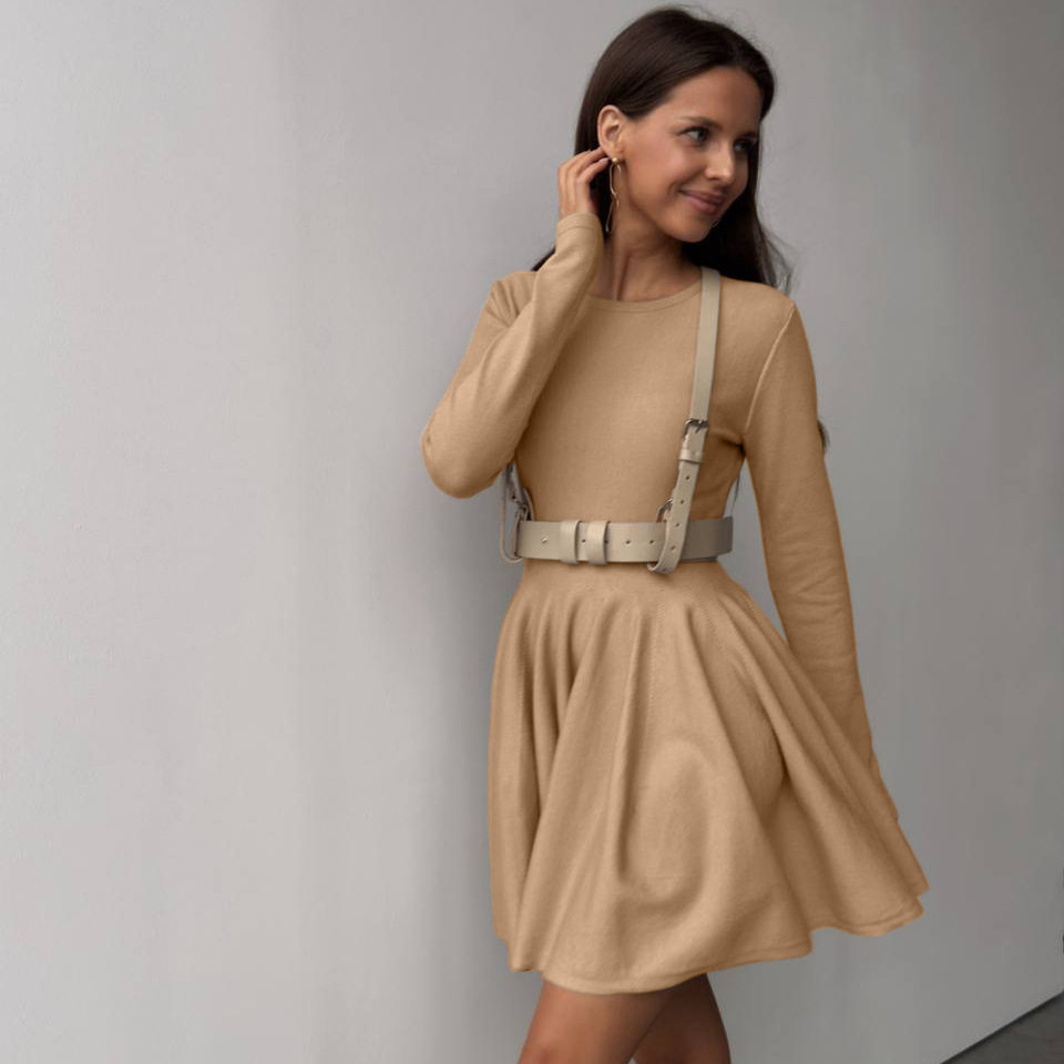 Knit Dress Round Neck Waist Defined Pleated Design Casual Chic for Everyday Wear Wholesale Available