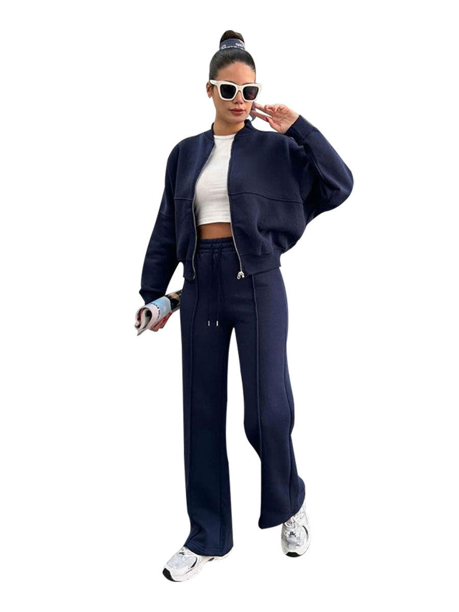 211472 autumn and winter new cross-border Europe and the United States solid color fleece-lined zipper cardigan women's fashion casual straight pants suit