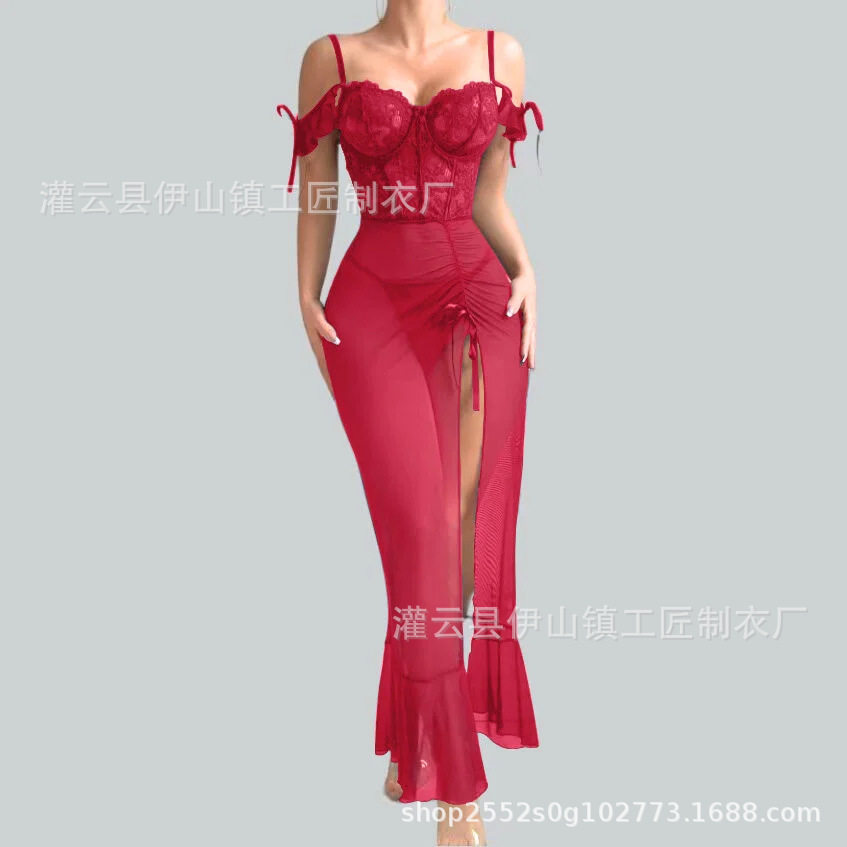 跨境性感蕾丝拼接情趣内衣套装花边一字领吊带网纱透视女睡裙