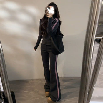 High-End Casual Sports Suit for Women in Autumn and Winter Fleece-Lined Color Matching Slim Long-Sleeved Sweatshirt Jacket Wide-Leg Pants Two-Piece Set