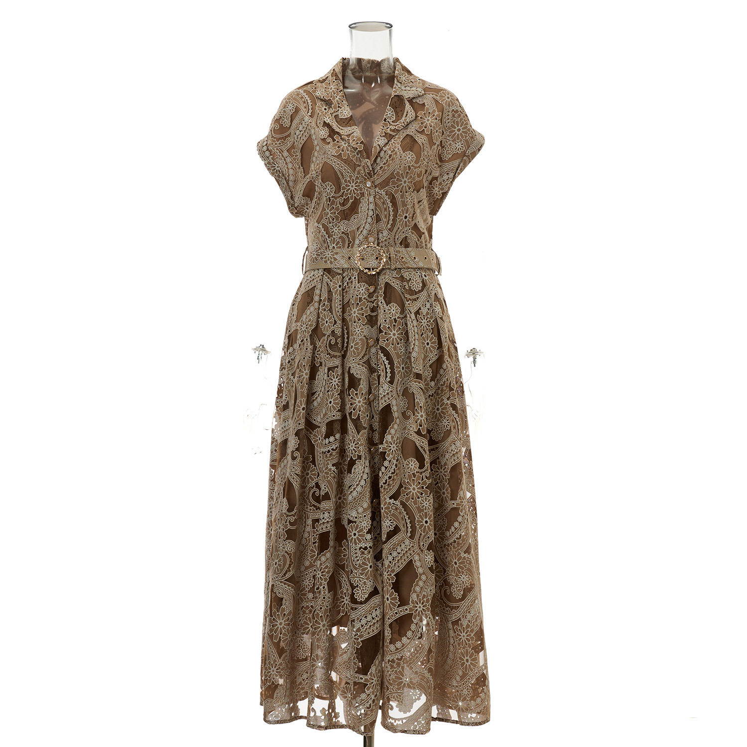 Lace Embroidered Floral Maxi Dress Summer Style Suit Collar Button Closure Waist Defined Elegance Wholesale