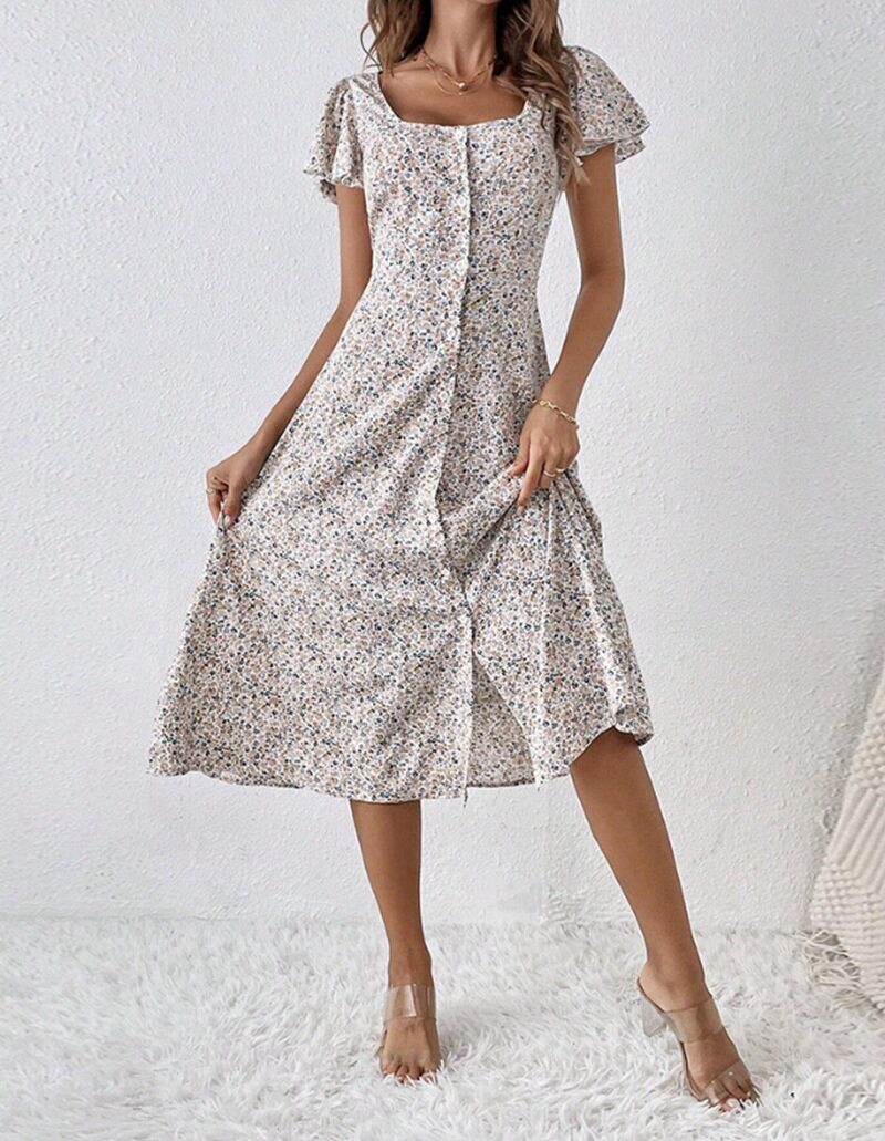 Floral Print Short Sleeve Square Neck Dress Summer Style Lightweight Fabric Elegant Design Wholesale Available