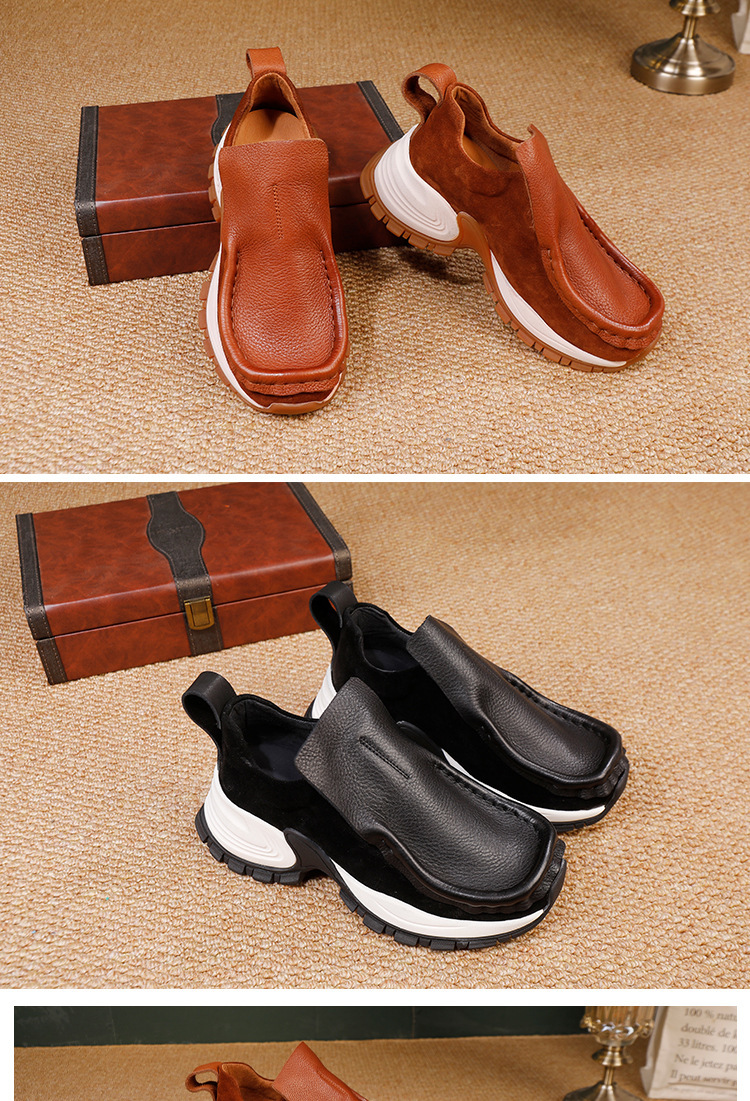 Giày sneaker nữ da bò thật đầu tròn gót vừa phong cách thanh lịch — đen, màu nâu
