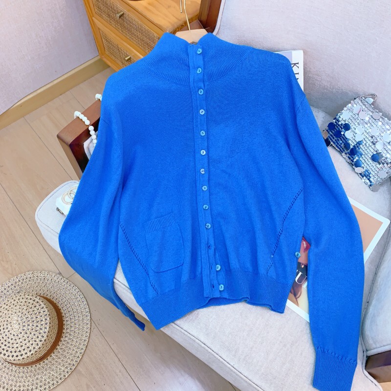 Áo cardigan nữ cổ đứng dáng rộng vai trễ có túi cài nút một hàng — Màu xanh dương