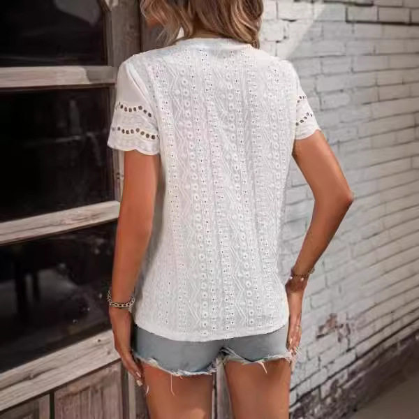 Casual Short Sleeve V Neck Shirt Summer Ready Solid Color Pleated Design Embroidered Details Wholesale Available