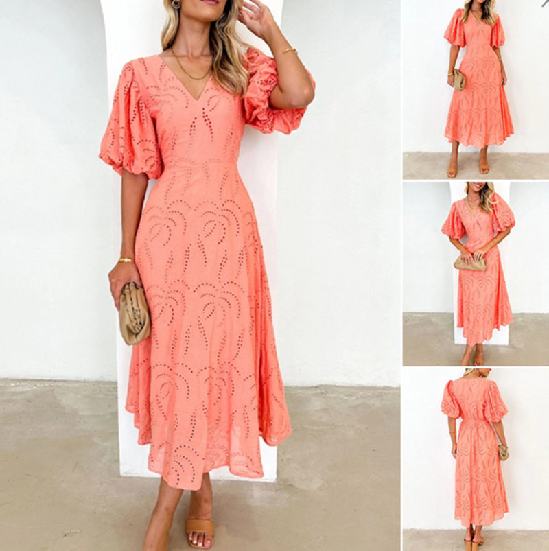 Womens Hollow Out V Neck Short Sleeve Dress Solid Color Waist Defining Elegant Style Perfect for Autumn Events
