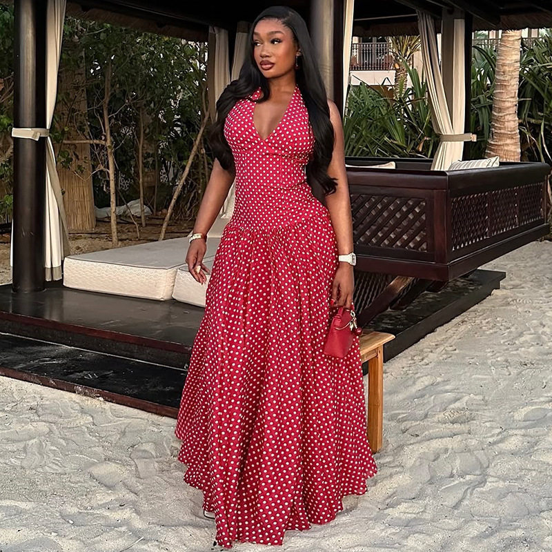Polka Dot Watermark Backless Dress Slim Fit Halter Neck Elegant Style Summer Collection Wholesale Available