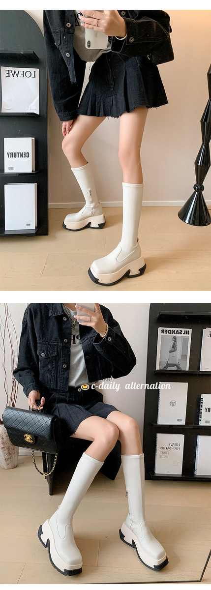 Boot nữ cổ cao ôm bắp chân gót vuông 9cm tăng chiều cao, đế dày chống trượt — Da sáng chế màu đen lót nhung ống nhỏ, Lót nhung ống nhỏ màu be, Màu đen bằng sáng chế da ống nhỏ bên trong, Màu đen da bò ống nhỏ lót một lớp