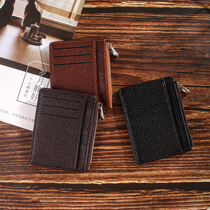 Black Lychee Leather Card Holder Document Organizer Zipper Wallet Multifunctional Coin Purse Card Holder Business Style