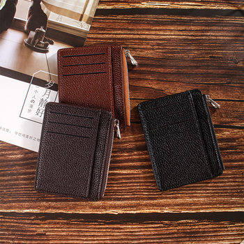 Black Lychee Leather Card Holder Document Organizer Zipper Wallet Multifunctional Coin Purse Card Holder Business Style