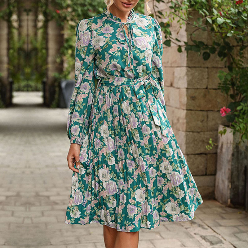 Vintage Floral Print Long Sleeve Dress Ruffled Design Round Neck Elegant Style Perfect for Casual or Formal Occasions