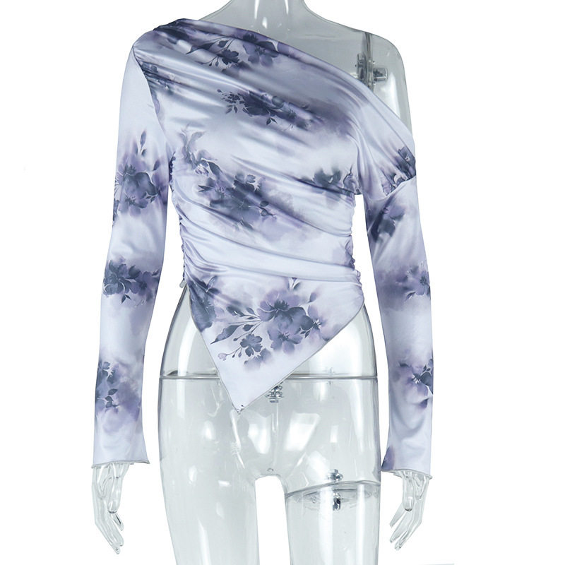 Tie Dye Off Shoulder Long Sleeve T Shirt Irregular Print Trendy Design Casual Style Wholesale Available