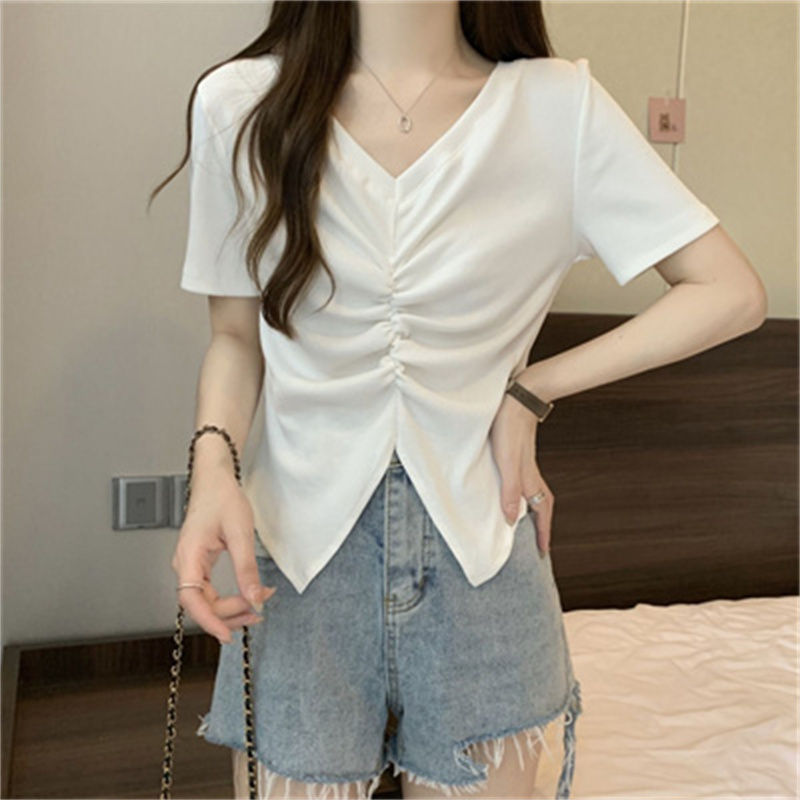 Plus Size Womens V Neck Ruched Slim Fit Short Sleeve T Shirt Unique Design Casual Wear