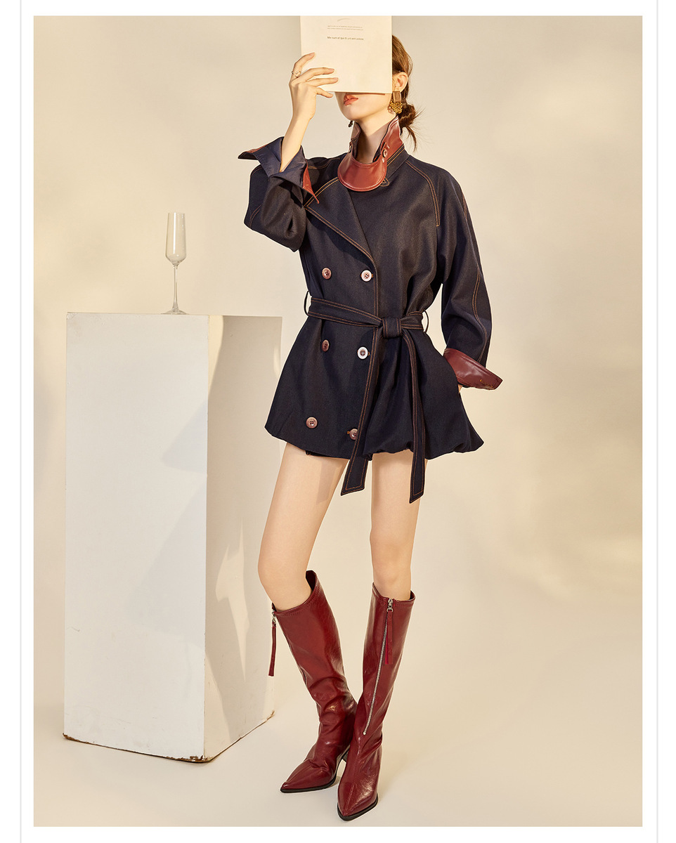 Áo khoác dáng trench denim phối chỉ tương phản cổ bẻ thắt eo dài trung — Xanh navy (giao hàng trong 7 ngày)