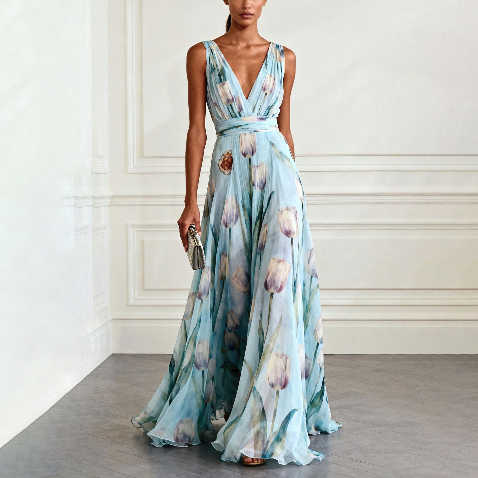 Floral Maxi Dress Summer Style Loose Fit V Neck Sleeveless Waist Defined Casual Wear Wholesale Available