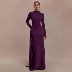Cross-Border European and American Style Autumn and Winter New Fashion Elegant Slim-Fit Long Dress Solid Color Pleated Dress with Ribbon and Hip-Hugging Design