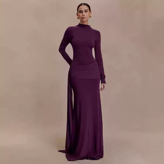 Cross-Border European and American Style Autumn and Winter New Fashion Elegant Slim-Fit Long Dress Solid Color Pleated Dress with Ribbon and Hip-Hugging Design
