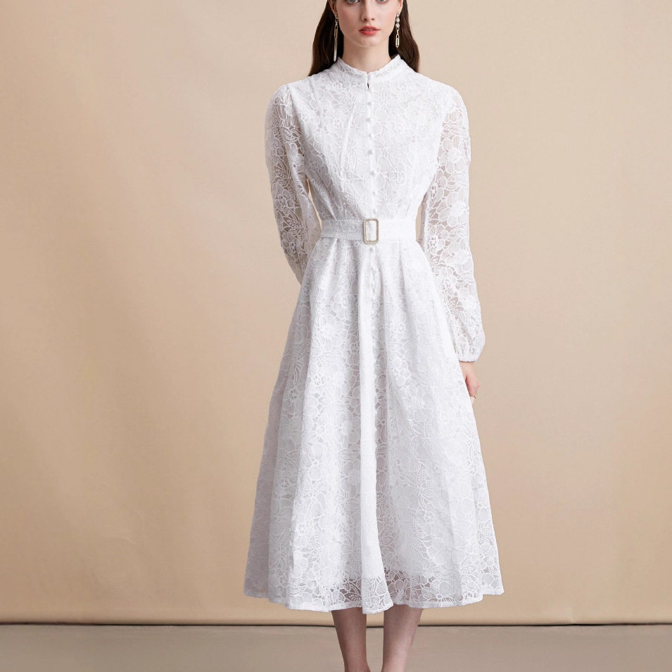 Elegant French Style Lace Embroidered Dress High Quality Fabric Tailored Fit Button Closure Flared Skirt Perfect