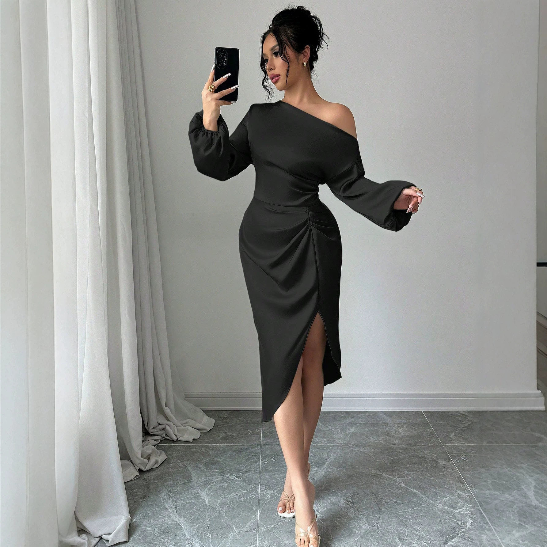 Asymmetrical Long Sleeve Dress Ruched Slit Bodycon Fit Elegant Evening Wear Wholesale Available