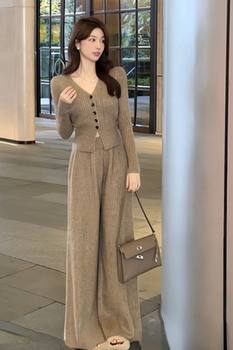 Maillard Slim V-Neck Sweater Set for Women, New Autumn/Winter Elegant High-End Wide-Leg Pants Knitted Two-Piece Trendy Set