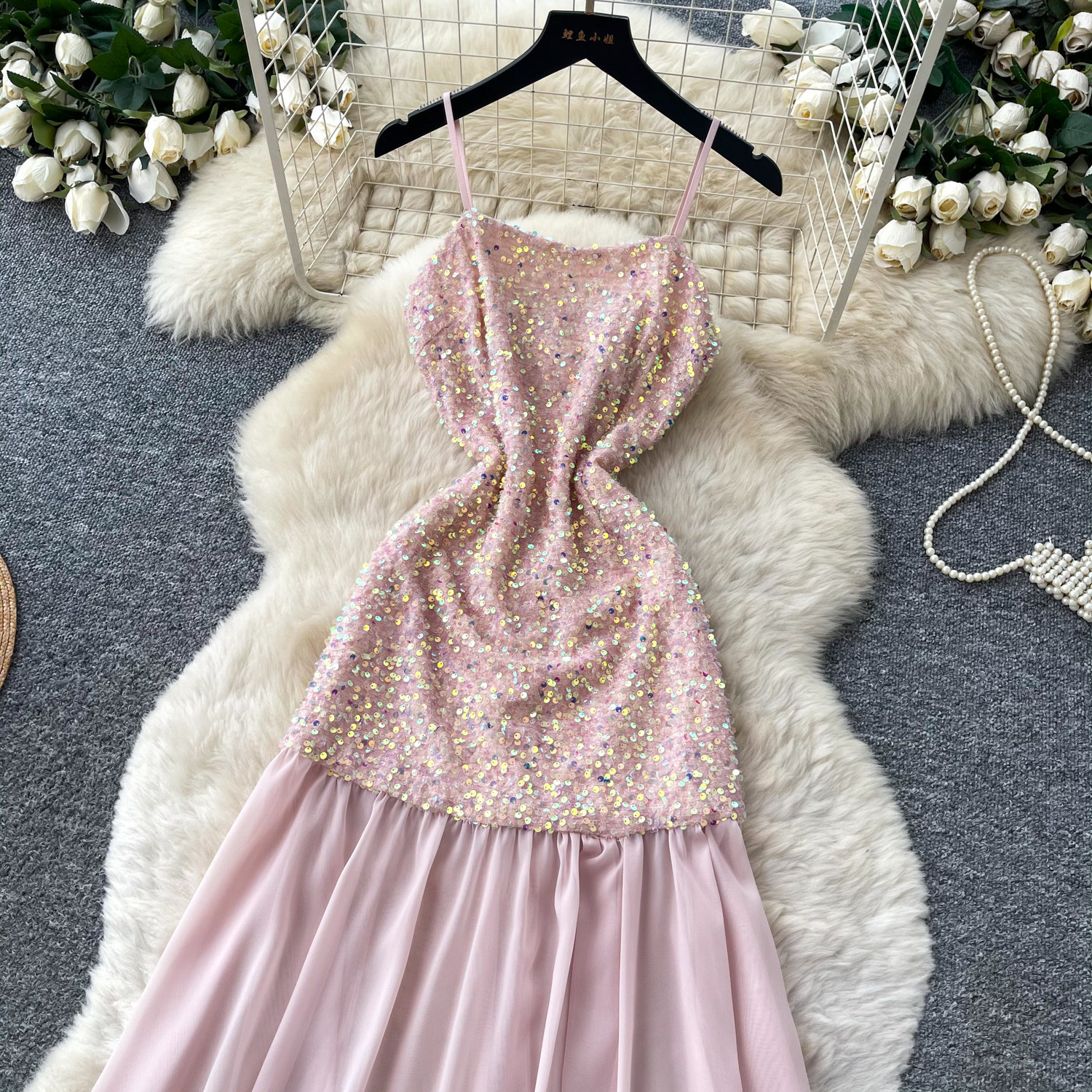 French Style Sequin Halter Neck A Line Dress Waist Defined Mesh Panel Elegant Design Evening Gown for Special