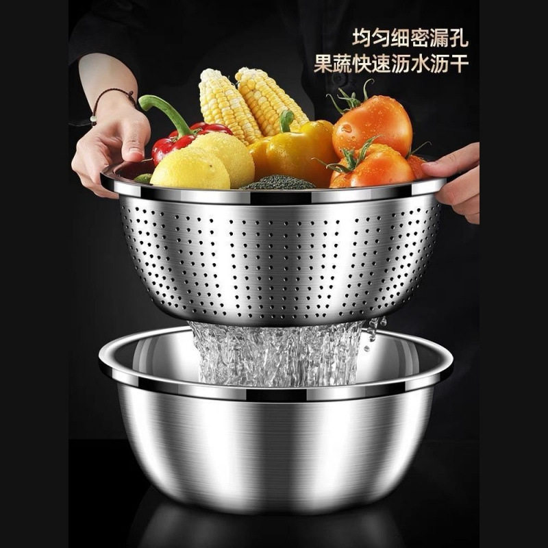 316 Stainless Steel Draining Basket Vegetable Washing Basin Thickened Household Kitchen Strainer Rice Washing Water Filter Basin Set