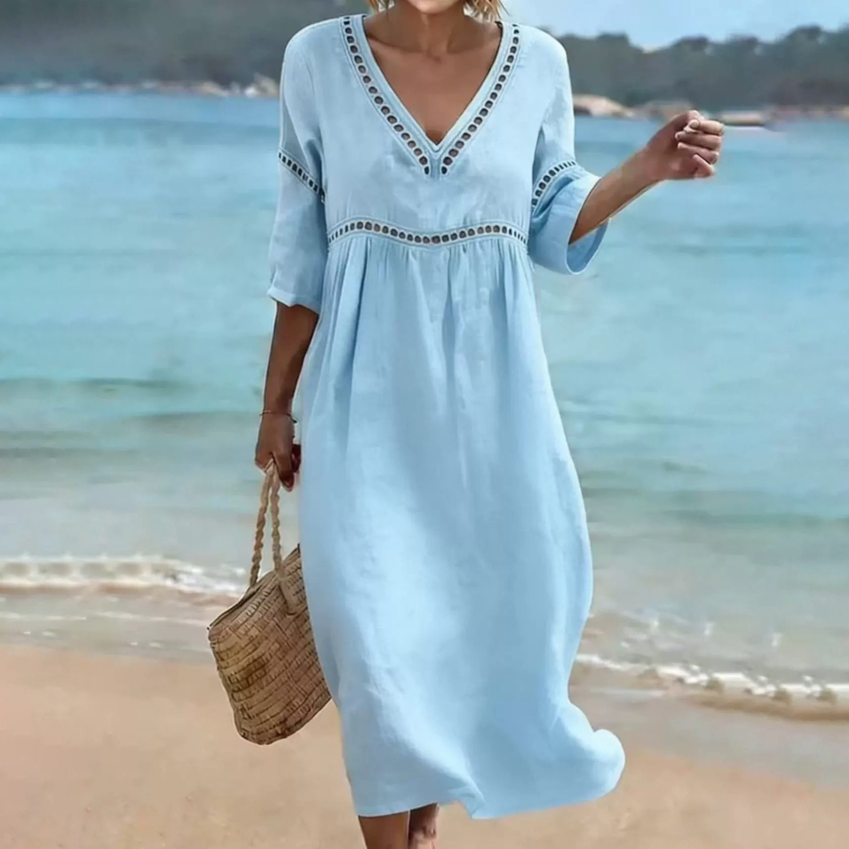 Summer Casual V Neck Dress Loose Fit Solid Color Vacation Style Wholesale Available low MOQ customizable