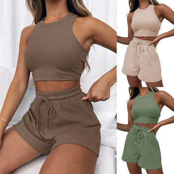 2025 Cross-Border Summer New Sleeveless Waffle Suit Pure Color Vest Fashionable Casual Short 2-Piece Set for Women