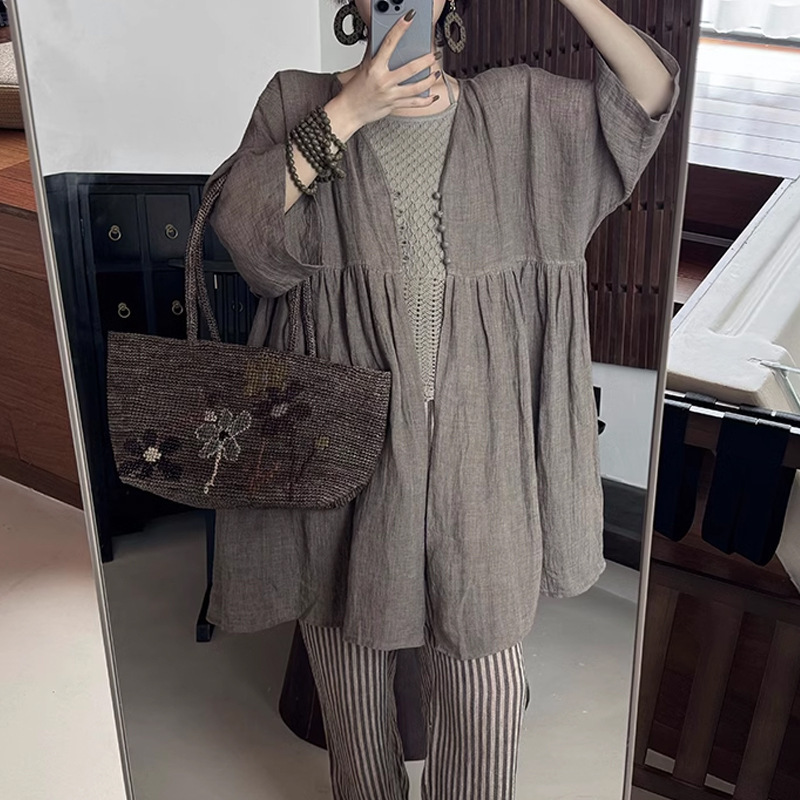 Áo sơ mi nữ vải lanh dáng rộng cổ tròn hai mặt mặc được — Mặc cả tích cực và tiêu cực, Nâu gốm cát, Tím đinh hương, Trắng ngọc trai