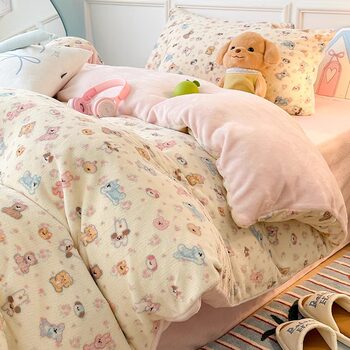 Milk Coral Fleece Winter Bed Four-piece Set Children's Double-sided fleece-lined Quilt Cover Bed Sheet Warm Flannel Three-piece Set